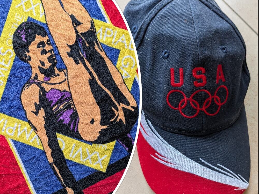 Atlanta 1996 Olympic USA Beach Starter pack Towel & Cap gymnast navy red hat vtg